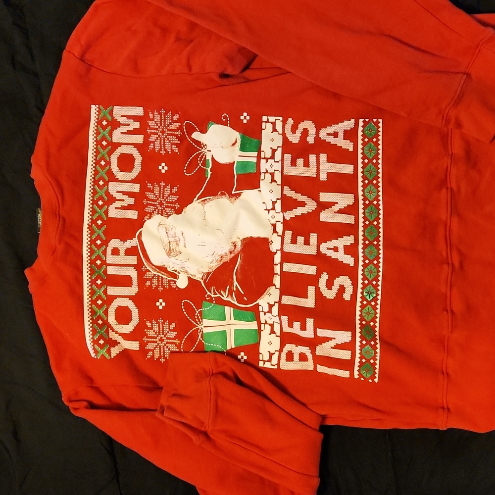 Ugly Christmas funny sweater "your mom believes in santa"